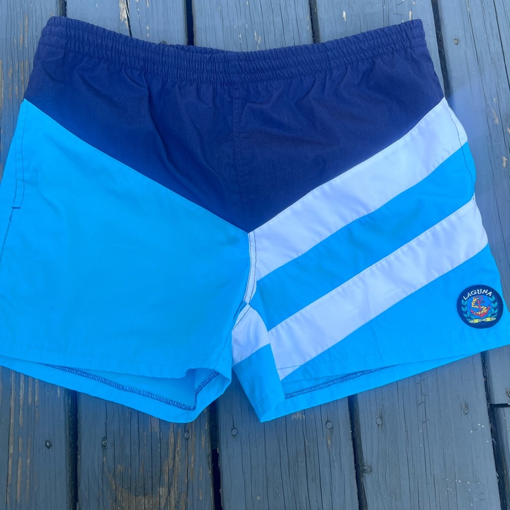 Vintage 80’s Laguna Blue and White Striped Swim Shorts size 32/34